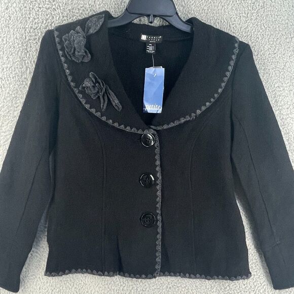 Carole Little Womens Blazer Cardigan Jacket Boiled Wool Boho Embroidered Black S - Picture 9 of 10